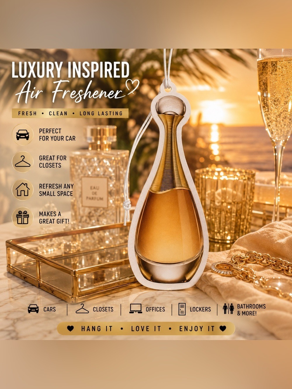 Luxury Inspired Golden Perfume Bottle Air Freshener | Fresh Clean Scent